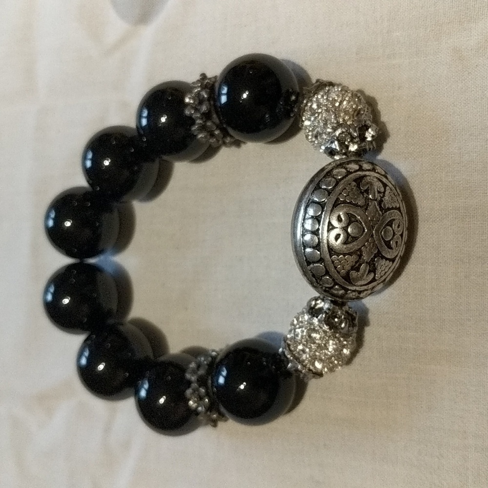 Bracelet Black Beads Silver Metal Faux Sparkling Diamond Rhinestone Ston…